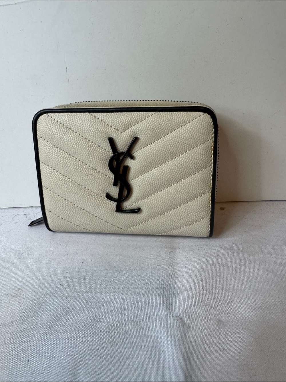 Saint Laurent Cream Quilted Leather Zip Wallet with Black Logo Trim